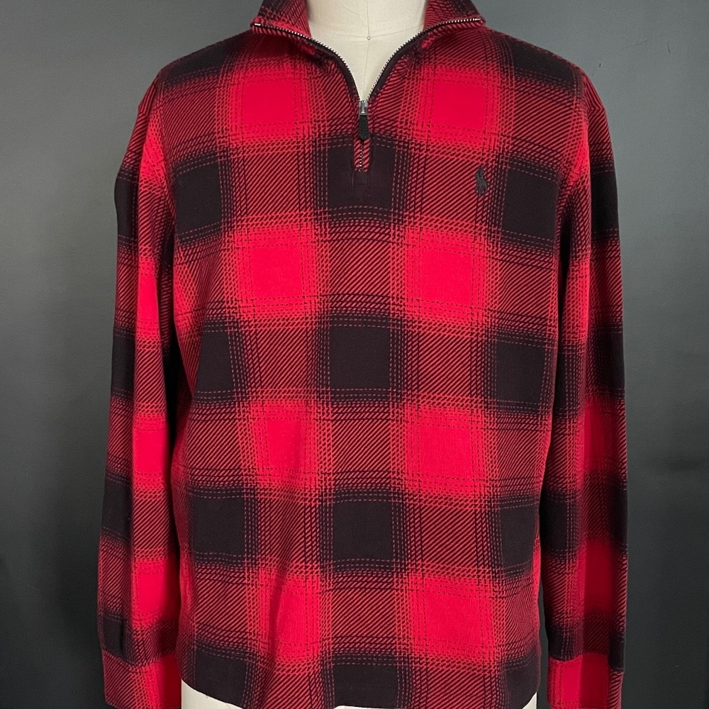 POLO Ralph Lauren Cotton Men's Pullover Zip‎ Sweater, Red/Black Medium